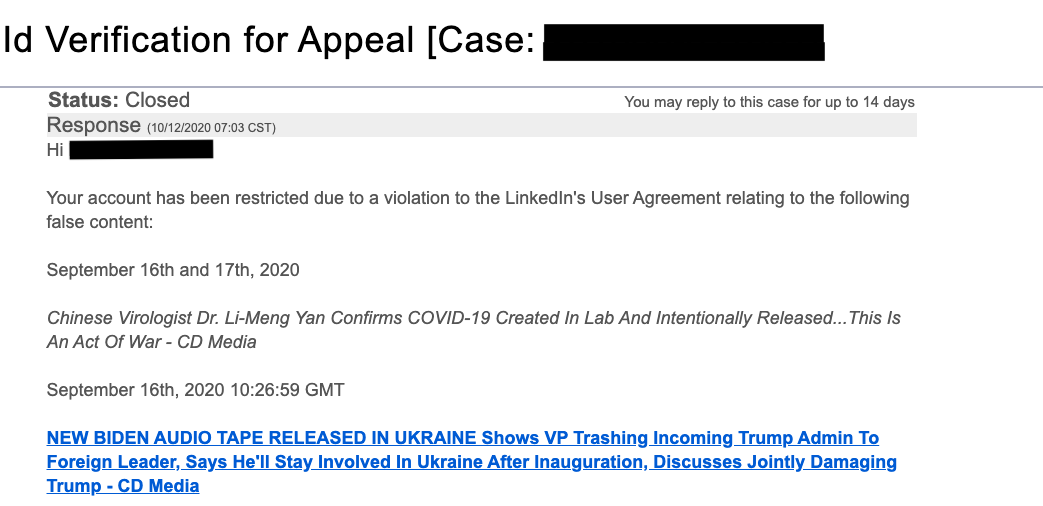 LinkIn Admits Suspension Of CDMedia Account Due To Reporting On Biden Corruption...It's In Your Face Election Meddling And They Don't Care