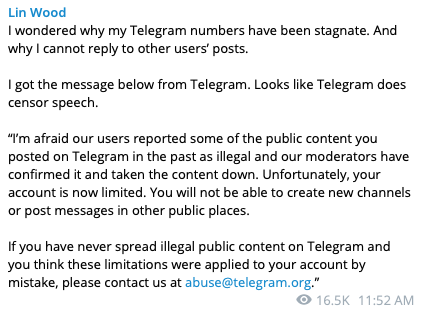 Telegram Appears To Censor Attorney Lin Wood - No Longer Free Speech?