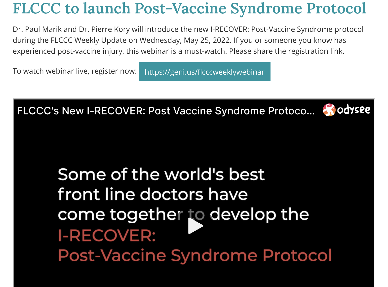 BREAKING WEBINAR TONIGHT LIVE 7PM EST: FLCCC Releases Covid Vax-Injured Treatment Protocol