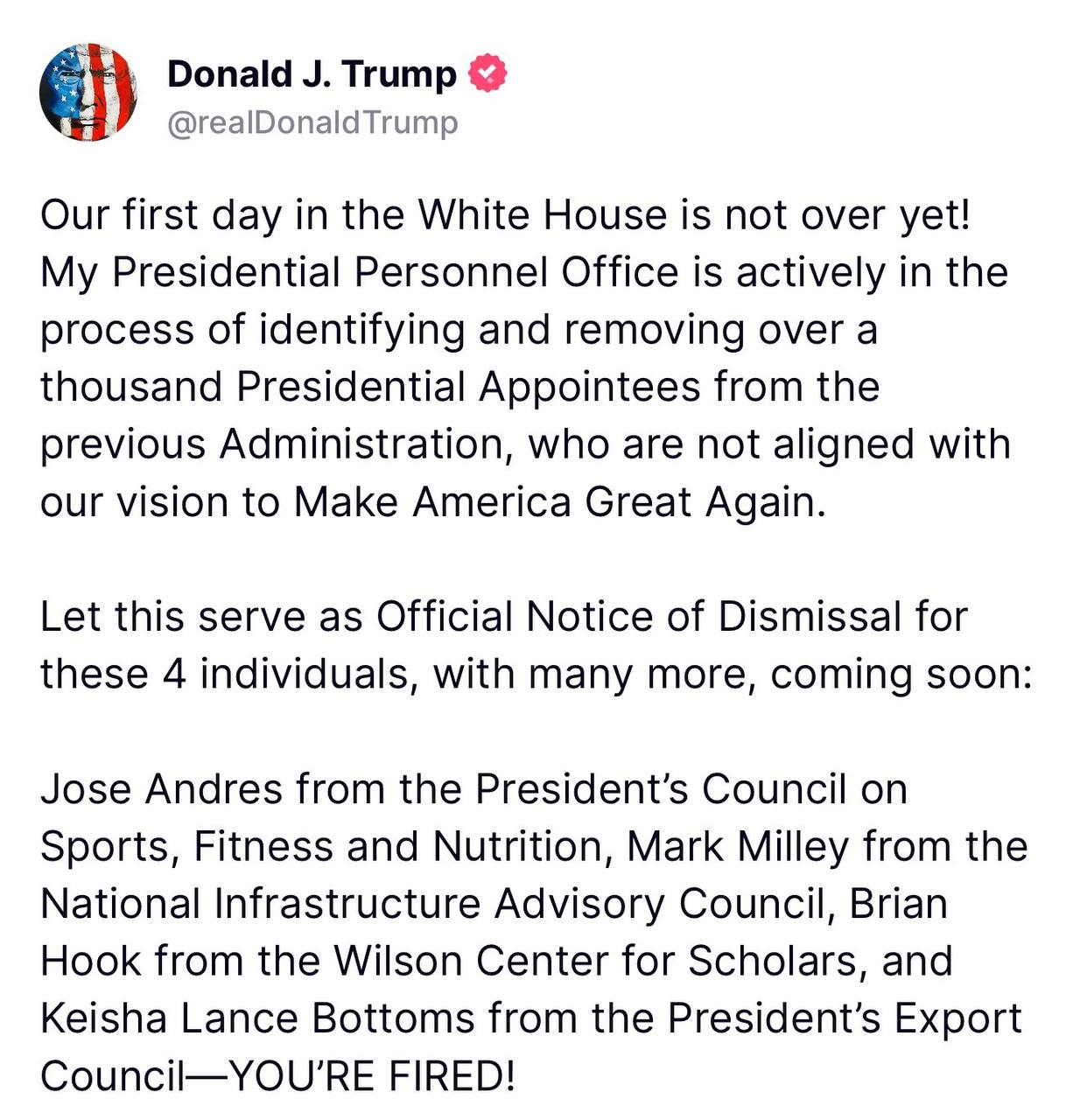 Trump Fires Mark Milley, Keisha Bottoms, Brian Hook, Jose Andres From Government Positions