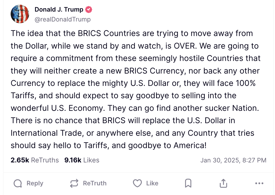 BREAKING: Trump Goes To War For USD, Threatens 100% Tariffs On BRICS Nations