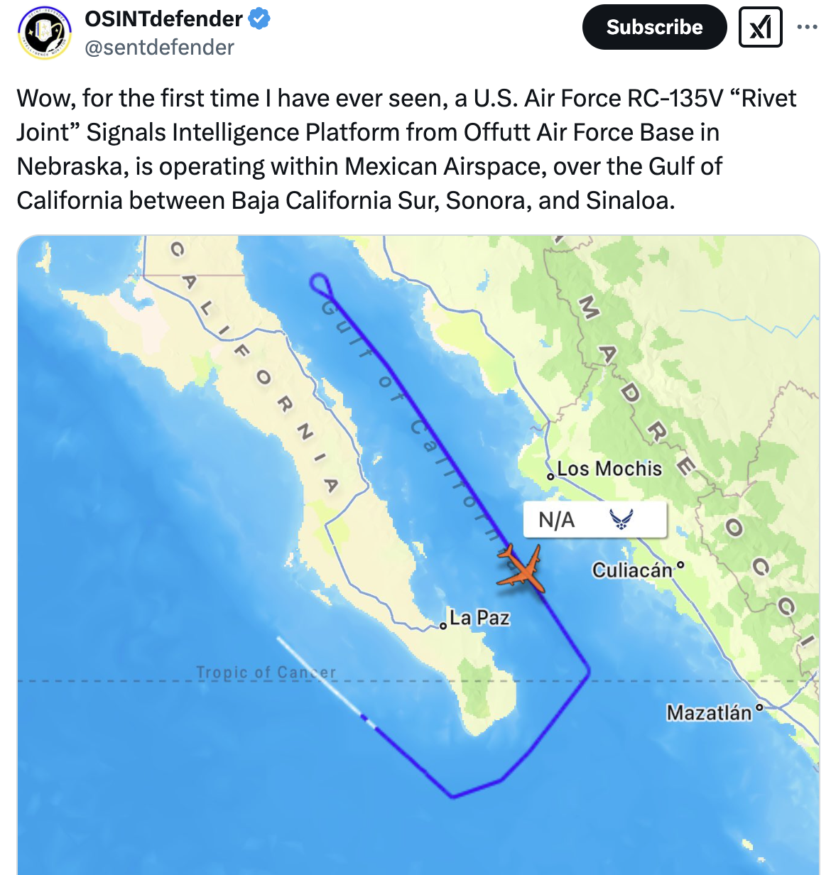 REPORT: USAF RC-135 Surveillance Aircraft Operating Over Mexican Airspace Surveilling Cartels