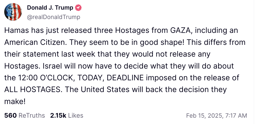 Trump Says He Will 'Back Israel's Decision' On 12pm Deadline