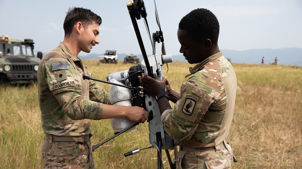 U.S. Army soldiers preparing a drone for launch during Agile Spirit 25