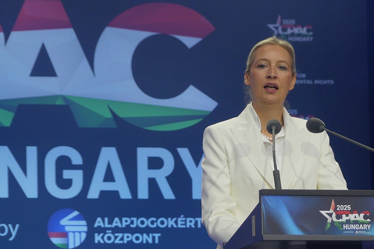 Alice Weidel speaking at a podium at CPAC Hungary