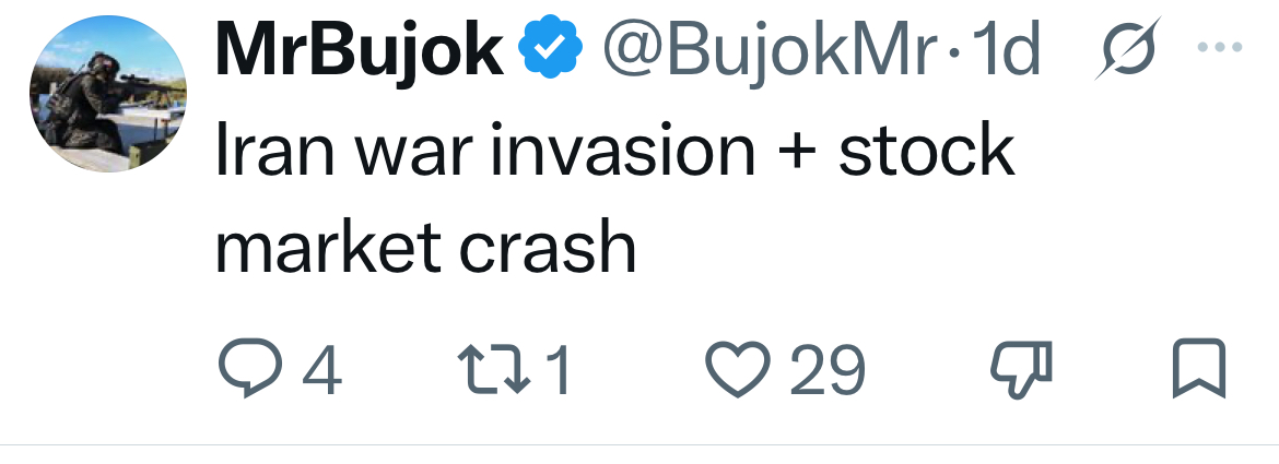 X reply predicting Iran war escalation and stock market crash