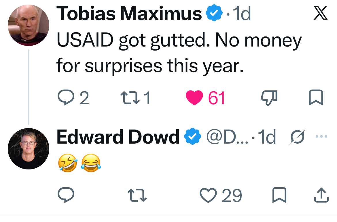 X reply: USAID got gutted, no money for surprises this year