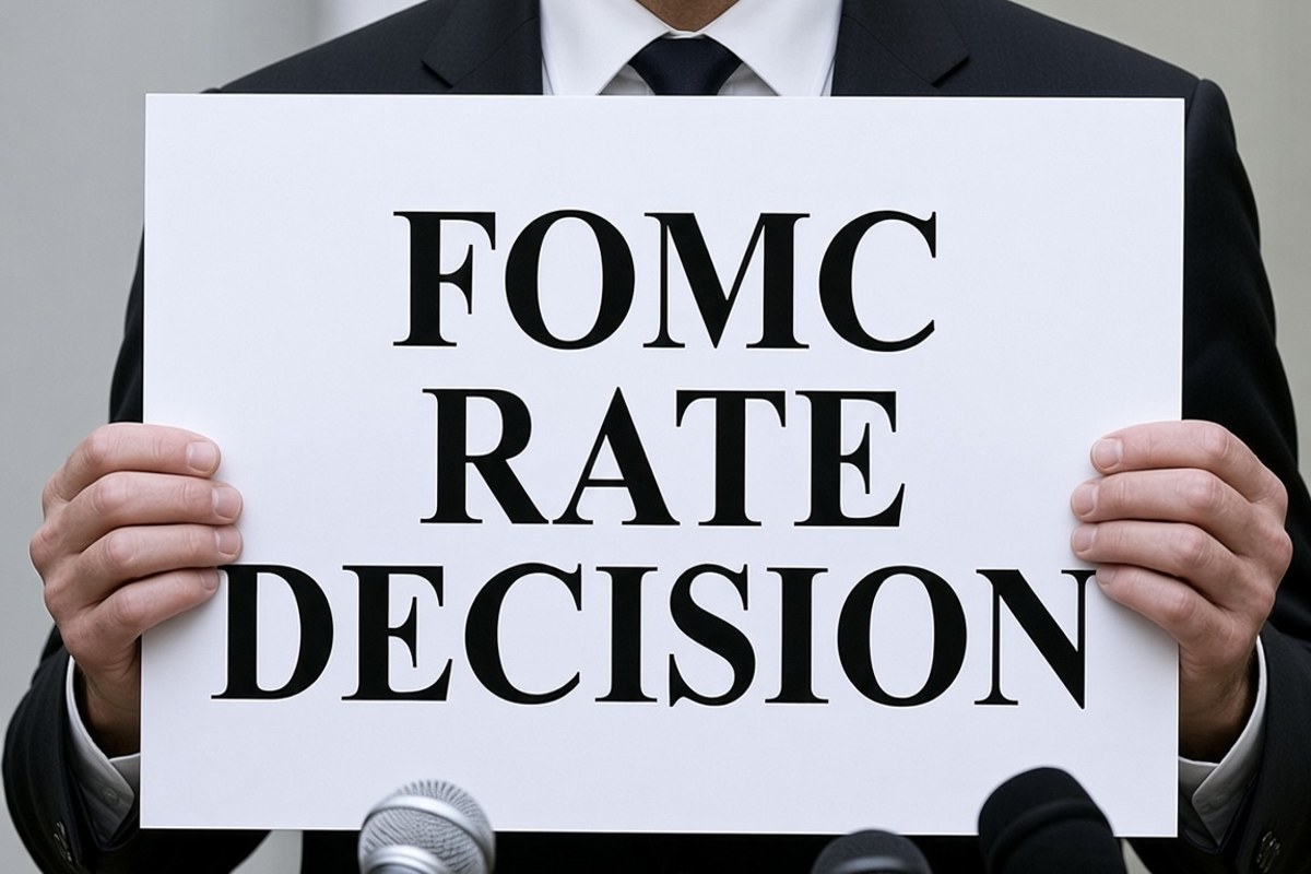 Man holding a sign reading FOMC Rate Decision