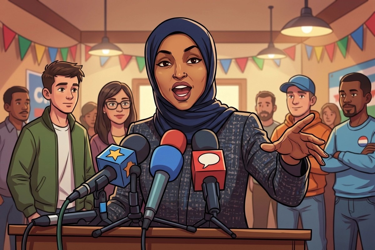 Illustration of Ilhan Omar at a podium before the press