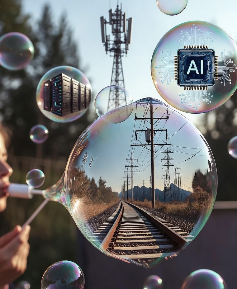 Bubbles reflecting railroads, power lines, data centers and an AI chip