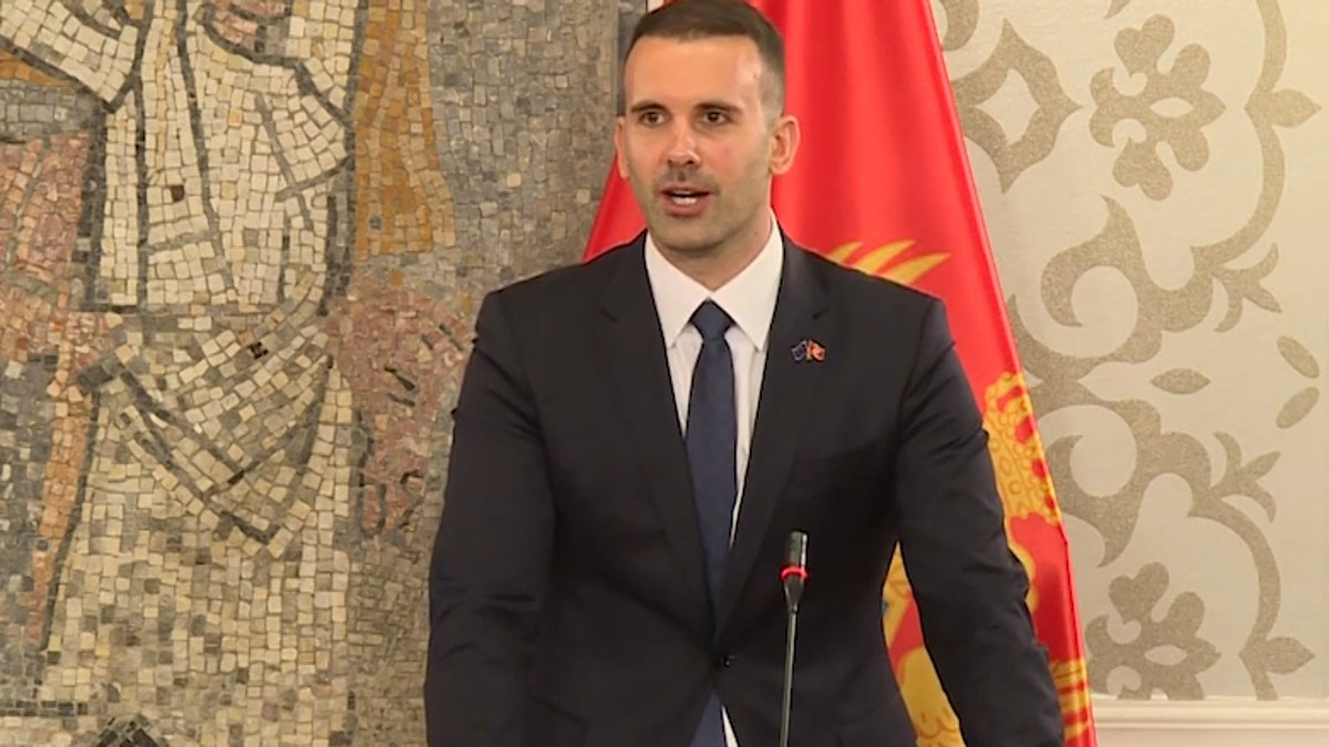 Speaker at a podium in front of the Montenegrin flag