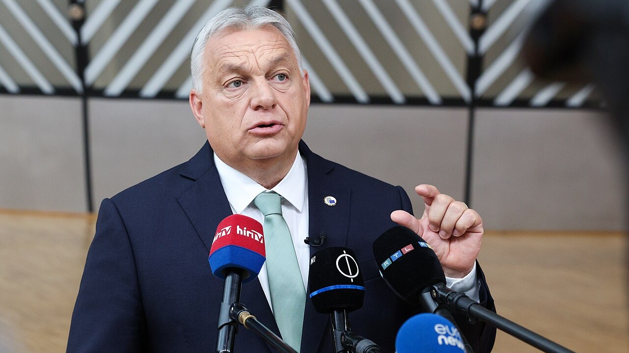 Viktor Orbán speaking to reporters